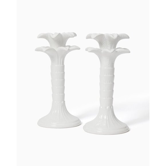 LILLY PULITZER Resort White Palm Tree Ceramic Candlesticks NEW NIB - Picture 1 of 3
